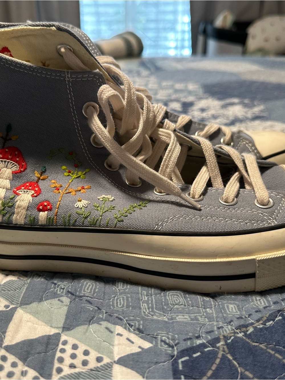 Converse Women’s High-Top  in Vintage Blue with Embroidered Mushrooms